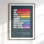 Poster featuring colorful blocks with the words love, joy, peace, patience, kindness, goodness, faithfulness, gentleness