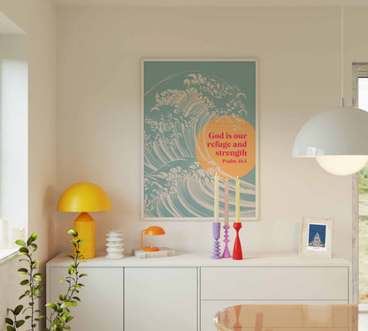 God is our refuge and strength. Psalm 46:1. Christian poster, scripture wall art.