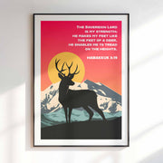 Poster featuring a deer silhouette against mountains and a sunset, with the text of Habakkuk 3:19.