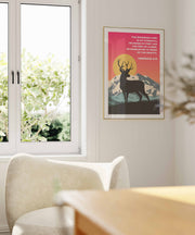 Poster featuring a deer silhouette against mountains and a sunset, with the text from Habakkuk 3:19.
