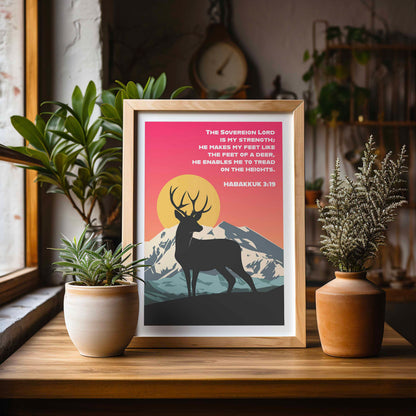 Habakkuk 3:19 poster. The sovereign Lord is my strength; He makes my feet like the feet of a deer. Christian wall art.