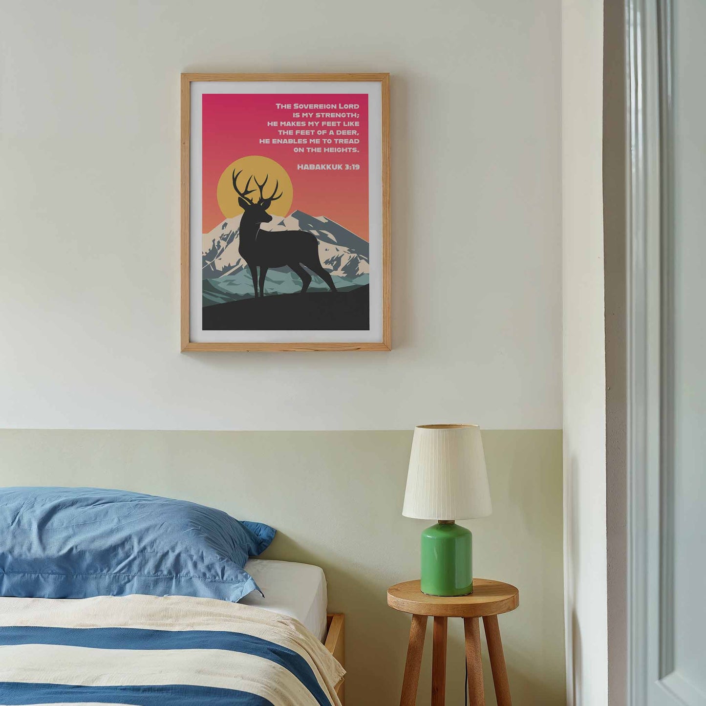 Habakkuk 3:19 poster. The sovereign Lord is my strength; He makes my feet like the feet of a deer. Christian wall art.