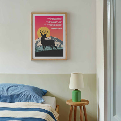 Habakkuk 3:19 poster. The sovereign Lord is my strength; He makes my feet like the feet of a deer. Christian wall art.
