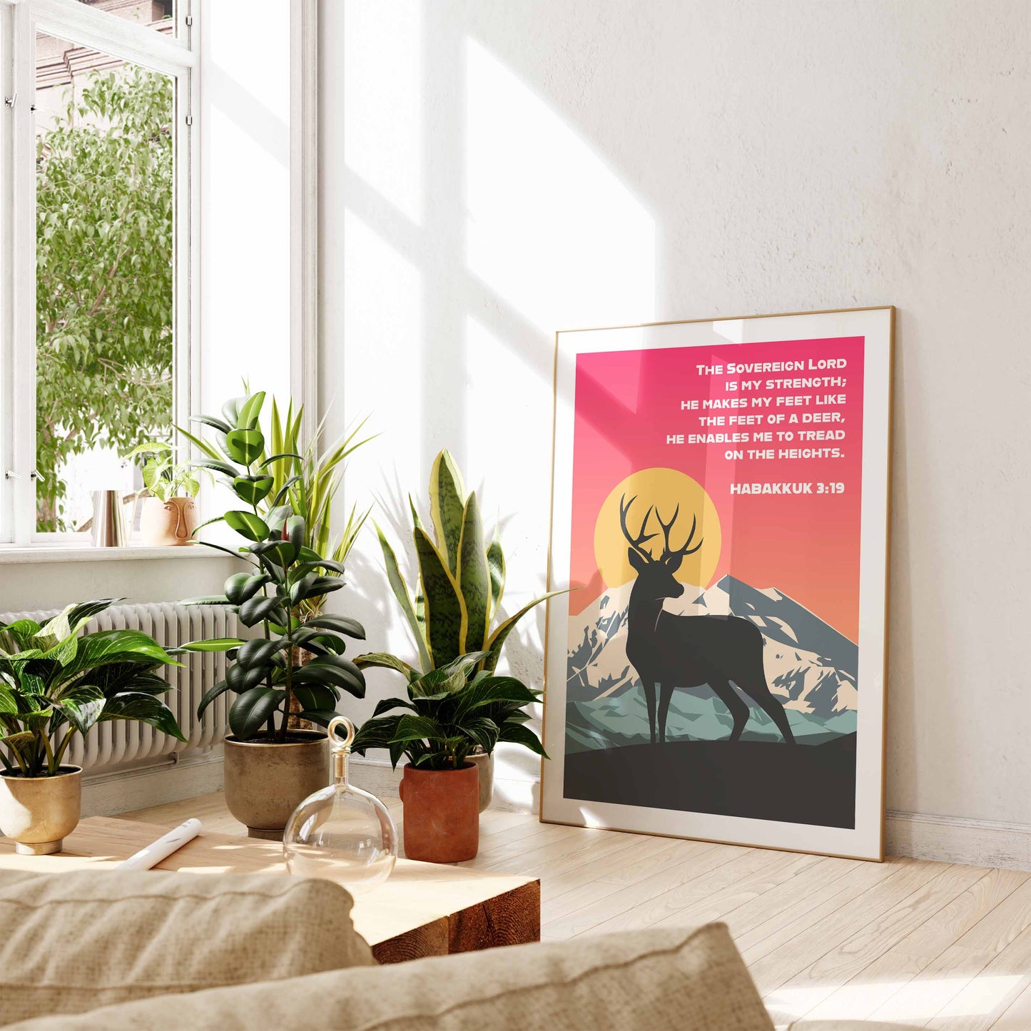 Habakkuk 3:19 poster. The sovereign Lord is my strength; He makes my feet like the feet of a deer. Christian wall art.