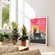 Poster featuring a deer silhouette with mountains and a sunset, displaying Habakkuk 3:19 text, surrounded by indoor plants.