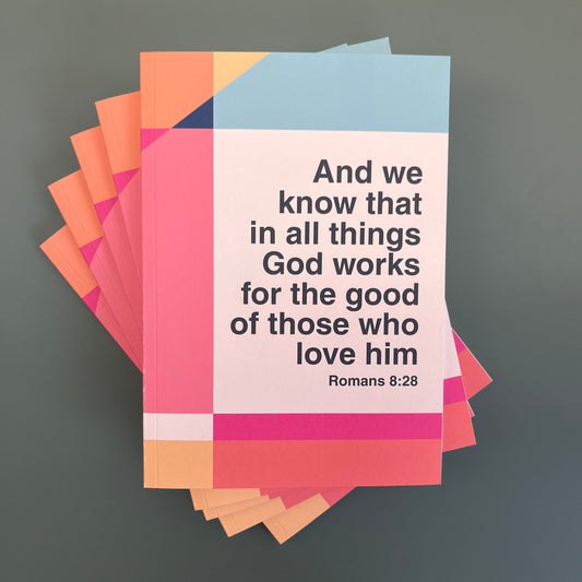 Romans 8 verse 38 notebook. All things work for good. A5 soft cover. Lined pages.