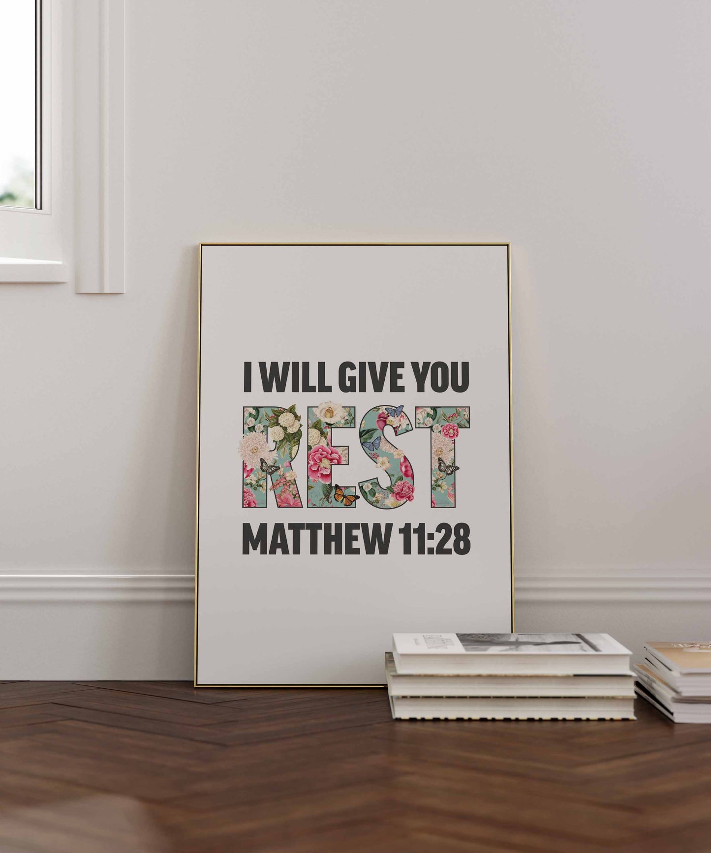 I will give you rest, Matthew 11 verse 28 poster, Christian print, bible artwork
