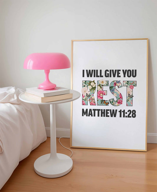 I will give you rest, Matthew 11 verse 28 poster, Christian print, bible artwork