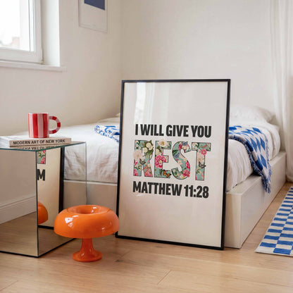 I will give you rest, Matthew 11 verse 28 poster, Christian print, bible artwork