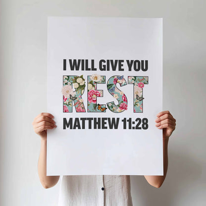 I will give you rest, Matthew 11 verse 28 poster, Christian print, bible artwork