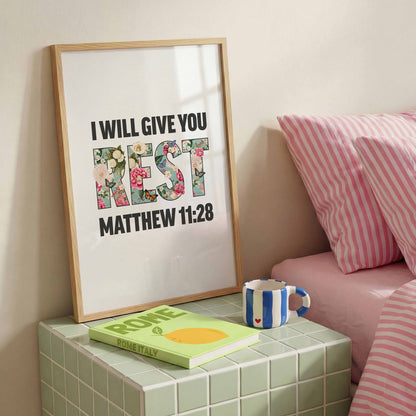 I will give you rest, Matthew 11 verse 28 poster, Christian print, bible artwork