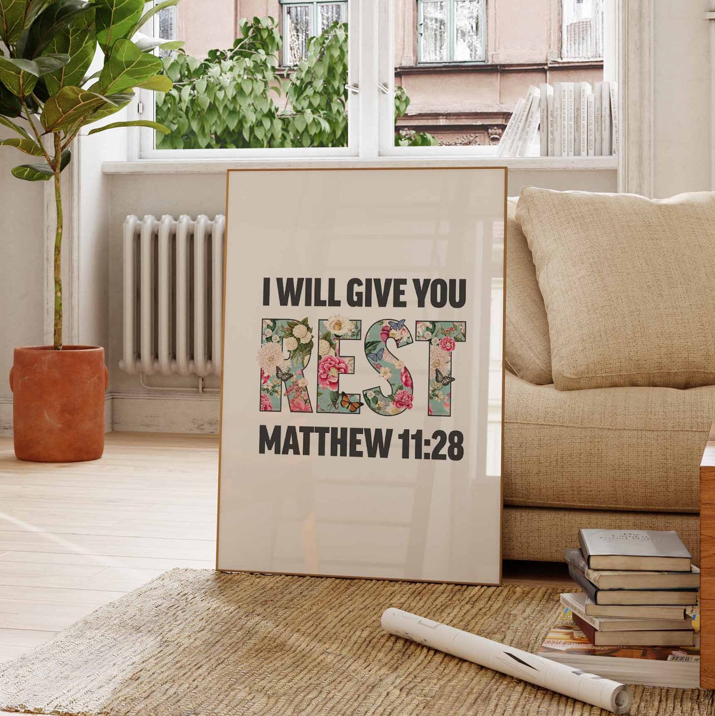 I will give you rest, Matthew 11 verse 28 poster, Christian print, bible artwork