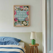 Poster print featuring the text 'In peace I will lie down and sleep. Psalm 4:8' with floral design and a wooden frame.