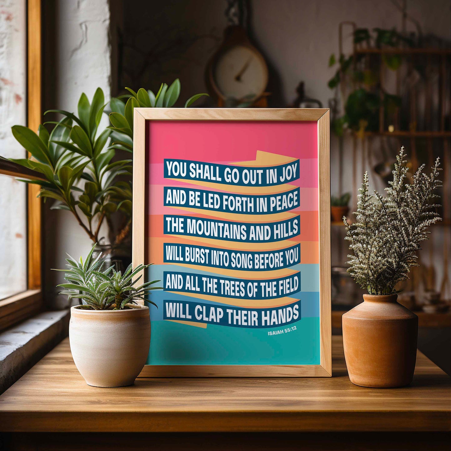 Isaiah 55 verse 12 Christian poster. You shall go out in joy. New version