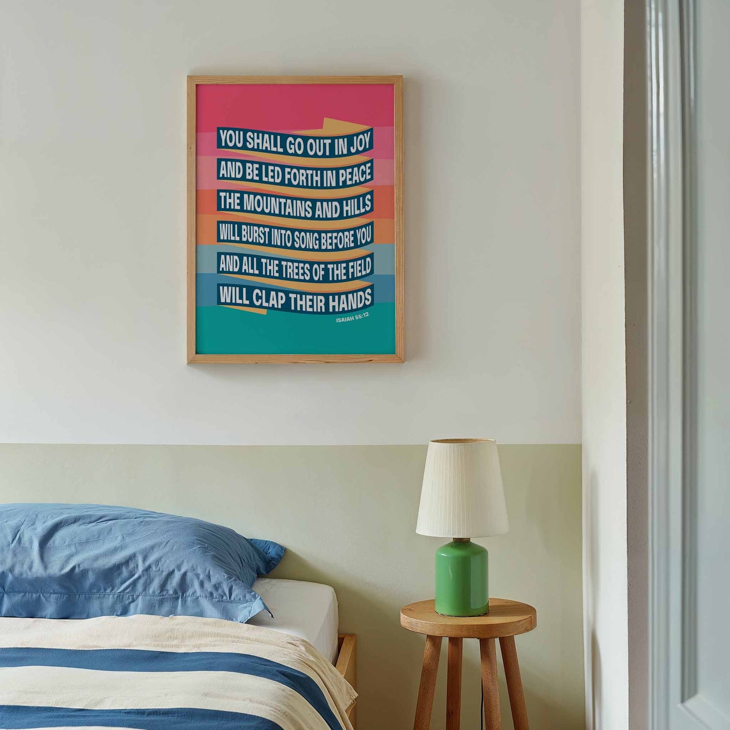 Isaiah 55 verse 12 Christian poster. You shall go out in joy. New version