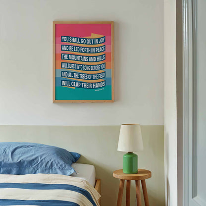 Isaiah 55 verse 12 Christian poster. You shall go out in joy. New version