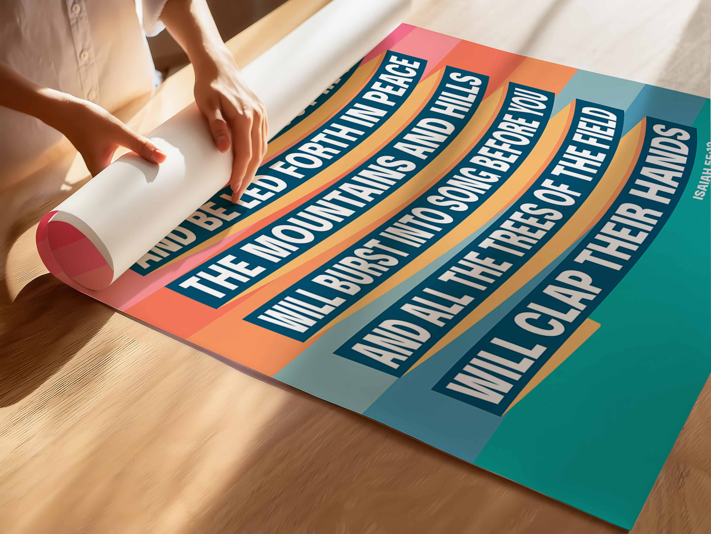Isaiah 55 verse 12 Christian poster. You shall go out in joy. New version