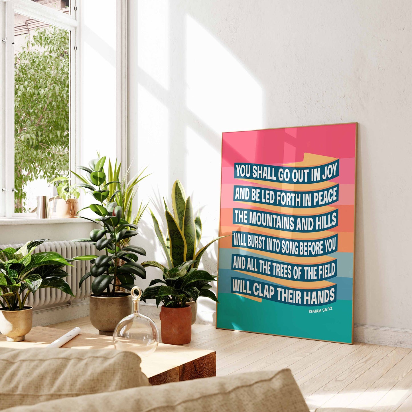 Isaiah 55 verse 12 Christian poster. You shall go out in joy. New version