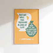 Poster featuring the text 'But we have this treasure in jars of clay' on an orange background with a minimalist design.
