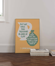 Poster with the text 'But we have this treasure in jars of clay' on a yellow background, featuring a decorative vase.