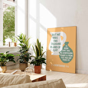 Poster featuring the text 'But we have this treasure in jars of clay' with plants and a modern interior setting.
