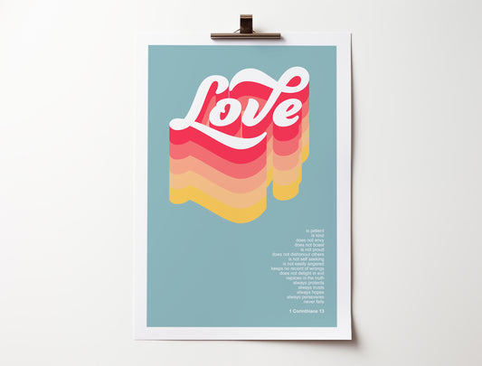 Love is patient, love is kind poster, 1 Corinthians 13 Christian wall art, bible verse print, for churches, homes or as a gift