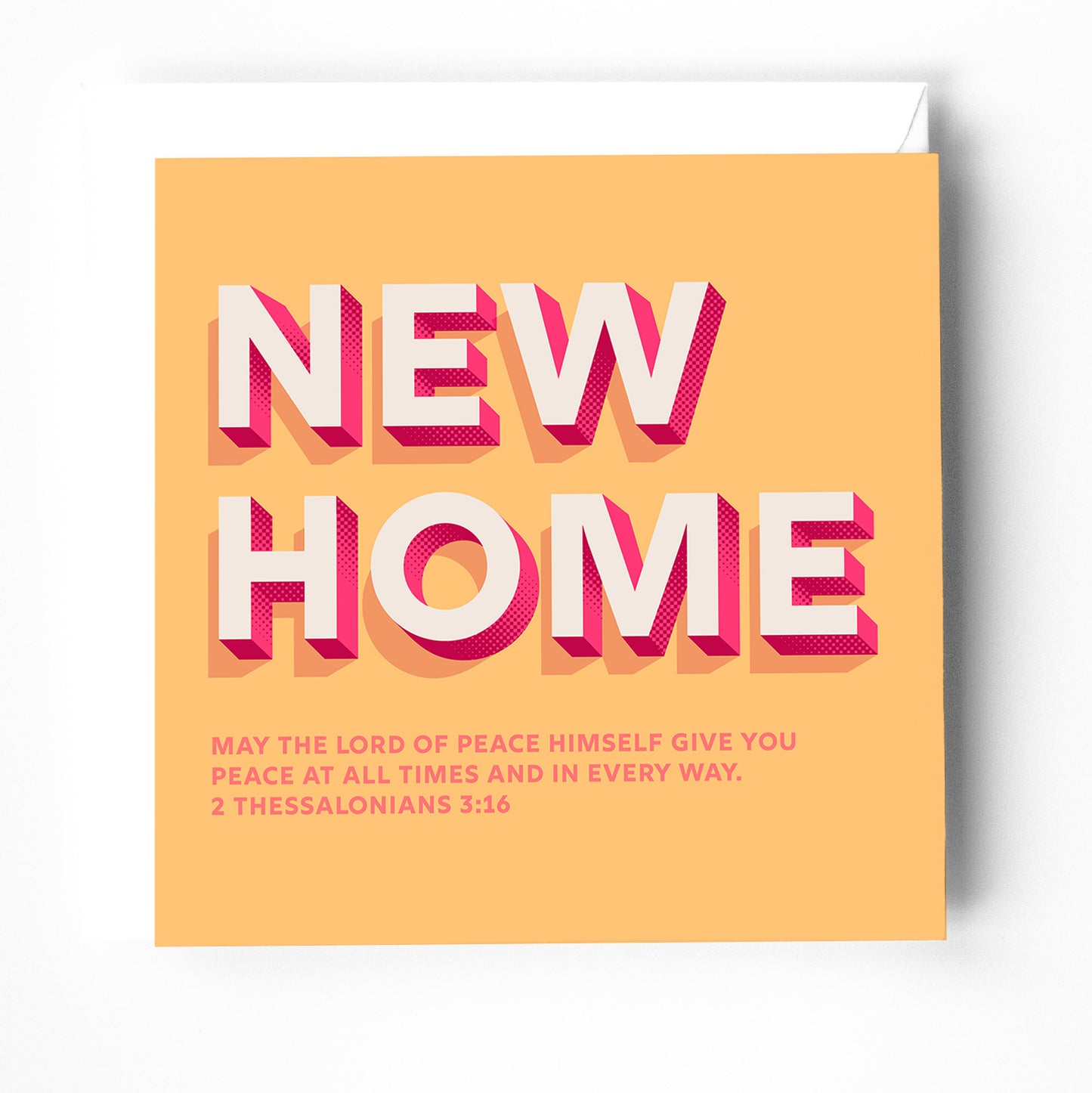 A modern christian new home card with a bible verse on the cover.  2 thessalonians 3 verse 16. The background is yellow.  The typography is bold and contemporary. 