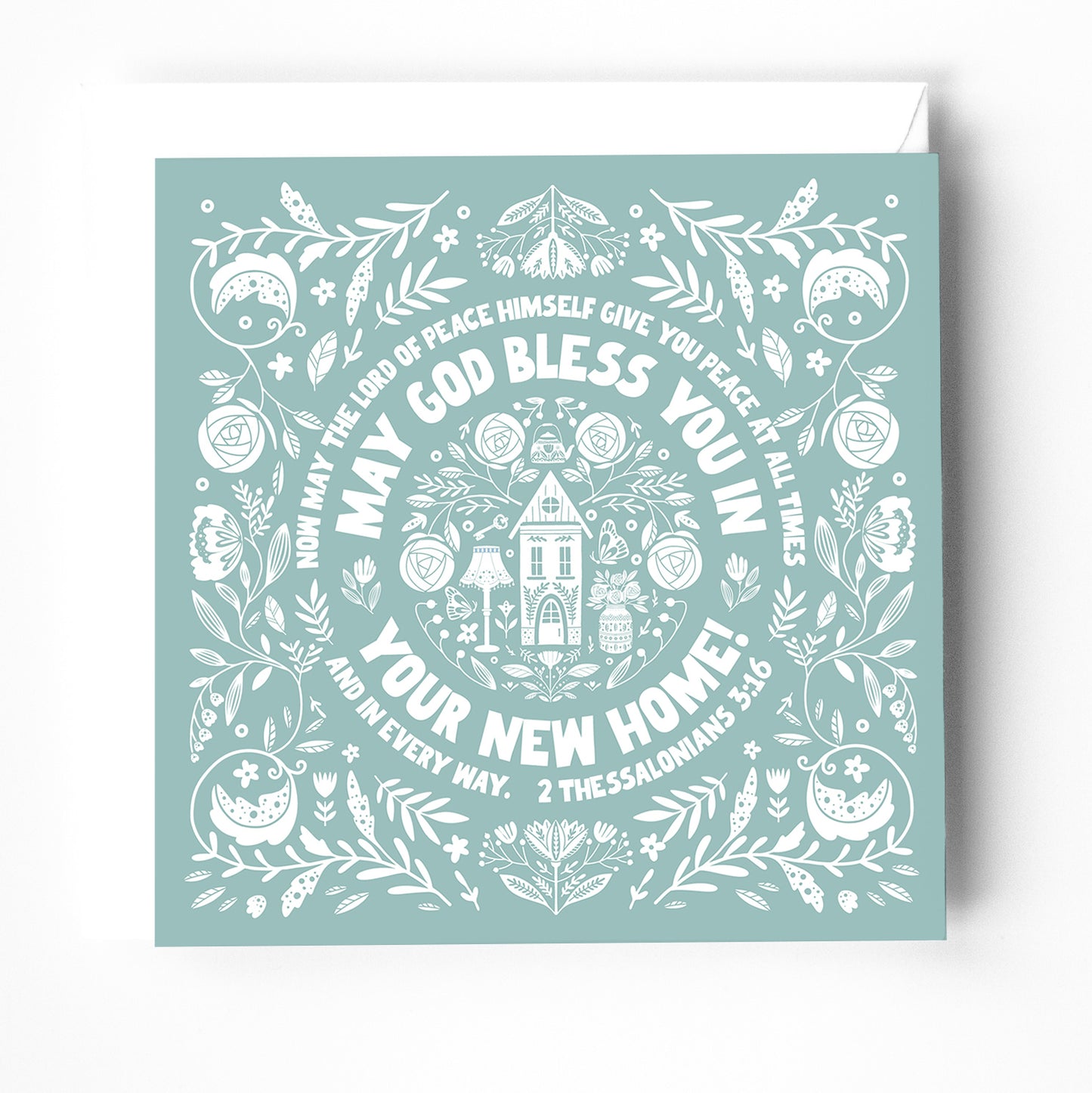 New Home Christian greeting card with bible verse. Scandi style. 2 Thessalonians 3:16