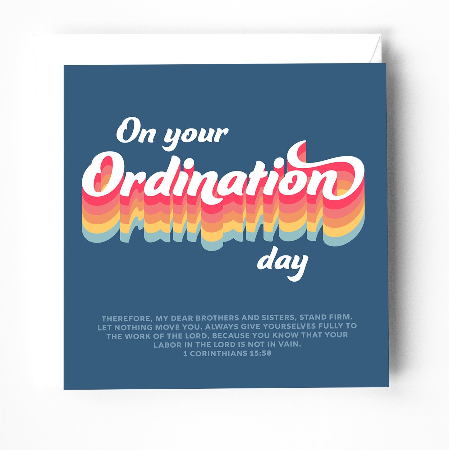A modern colourful ordination card with rainbow colours and a bible verse on the cover