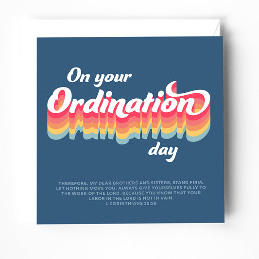 A modern colourful ordination card with rainbow colours and a bible verse on the cover