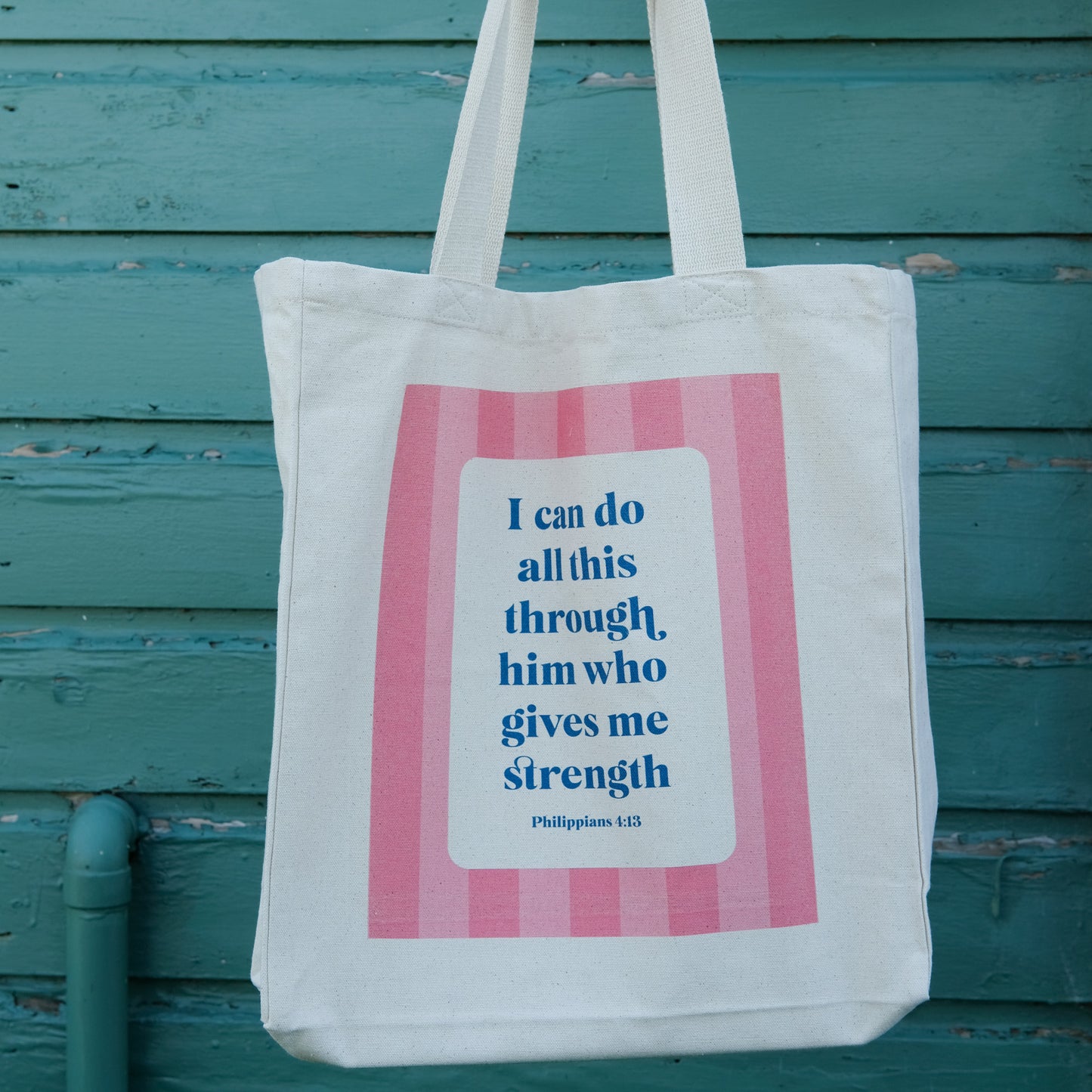 Philippians 4:13 Christian Cotton Tote Bag | Wide Base Scripture Tote