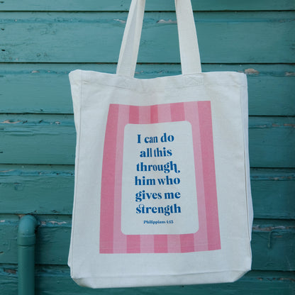 Philippians 4:13 Christian Cotton Tote Bag | Wide Base Scripture Tote