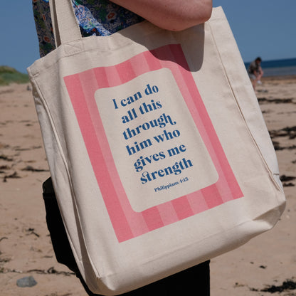 Philippians 4:13 Christian Cotton Tote Bag | Wide Base Scripture Tote