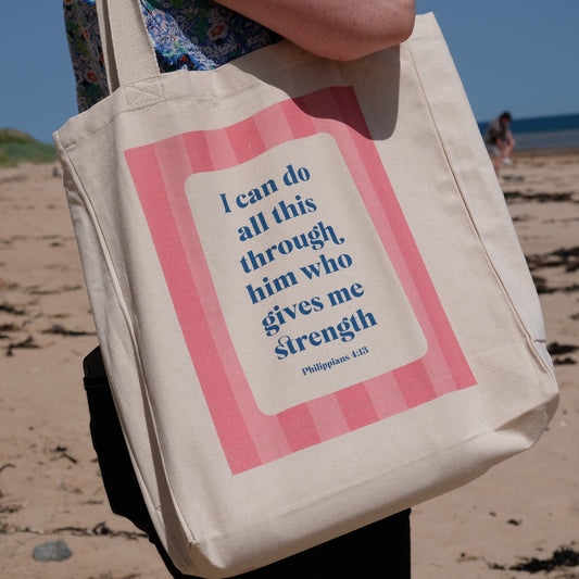 Philippians 4:13 Christian Cotton Tote Bag | Wide Base Scripture Tote
