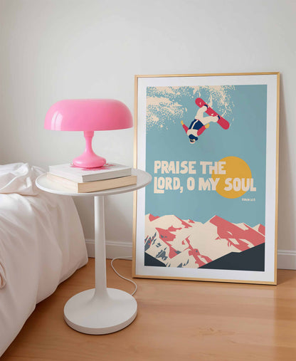 Praise the Lord, O my soul, Psalm 103 Christian poster, bible verse print, Chrisitan wall decor, snowboarding art