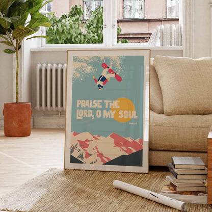 Praise the Lord, O my soul, Psalm 103 Christian poster, bible verse print, Chrisitan wall decor, snowboarding art