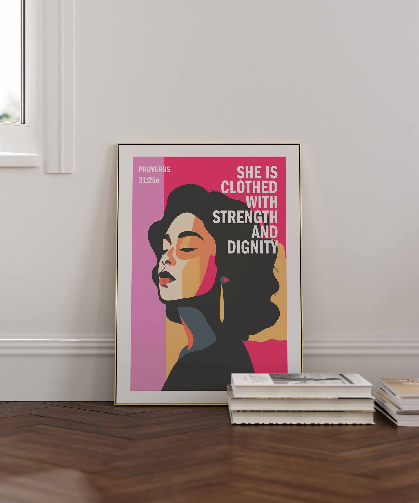 Proverbs 31 Christian poster. PINK EDITION. She is clothed with strength and dignity, Bible wall art, Christian Gift, Proverbs 31 Woman