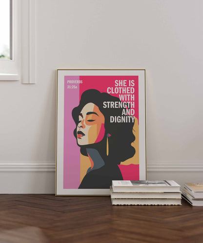 Proverbs 31 Christian poster. PINK EDITION. She is clothed with strength and dignity, Bible wall art, Christian Gift, Proverbs 31 Woman