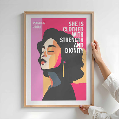 Proverbs 31 Christian poster. PINK EDITION. She is clothed with strength and dignity, Bible wall art, Christian Gift, Proverbs 31 Woman