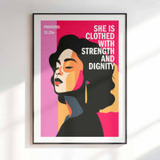 Colorful poster featuring a woman with closed eyes and text: 'She is clothed with strength and dignity'.