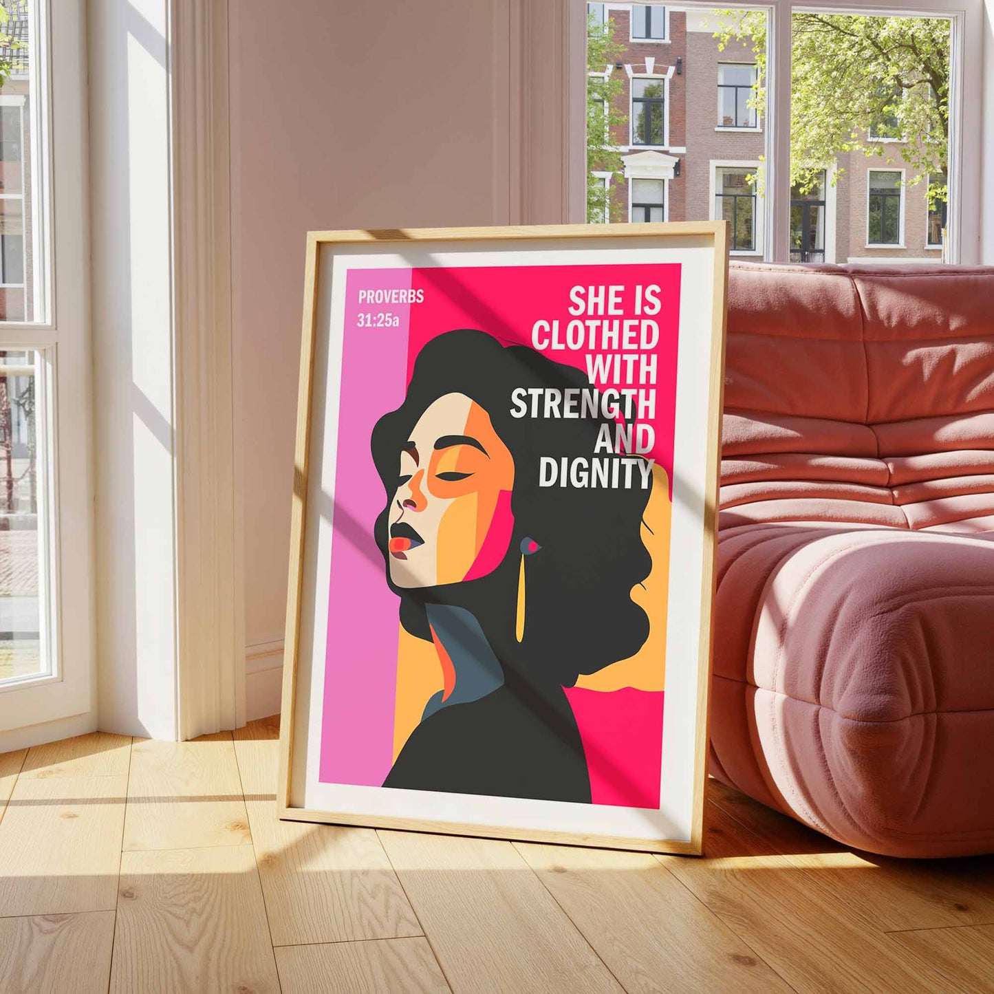 Proverbs 31 Christian poster. PINK EDITION. She is clothed with strength and dignity, Bible wall art, Christian Gift, Proverbs 31 Woman