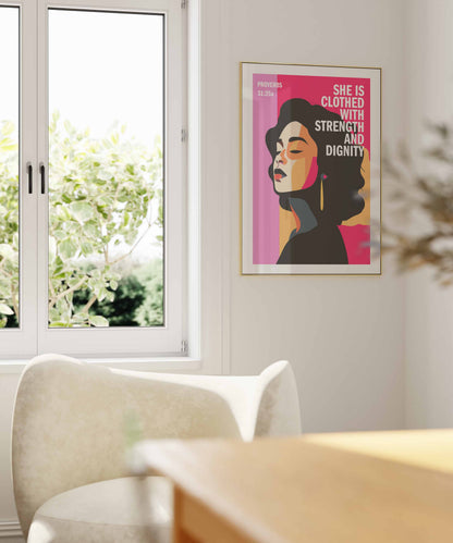 Proverbs 31 Christian poster. PINK EDITION. She is clothed with strength and dignity, Bible wall art, Christian Gift, Proverbs 31 Woman