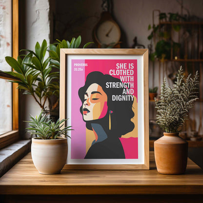 Proverbs 31 Christian poster. PINK EDITION. She is clothed with strength and dignity, Bible wall art, Christian Gift, Proverbs 31 Woman