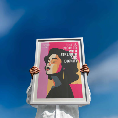 Proverbs 31 Christian poster. PINK EDITION. She is clothed with strength and dignity, Bible wall art, Christian Gift, Proverbs 31 Woman