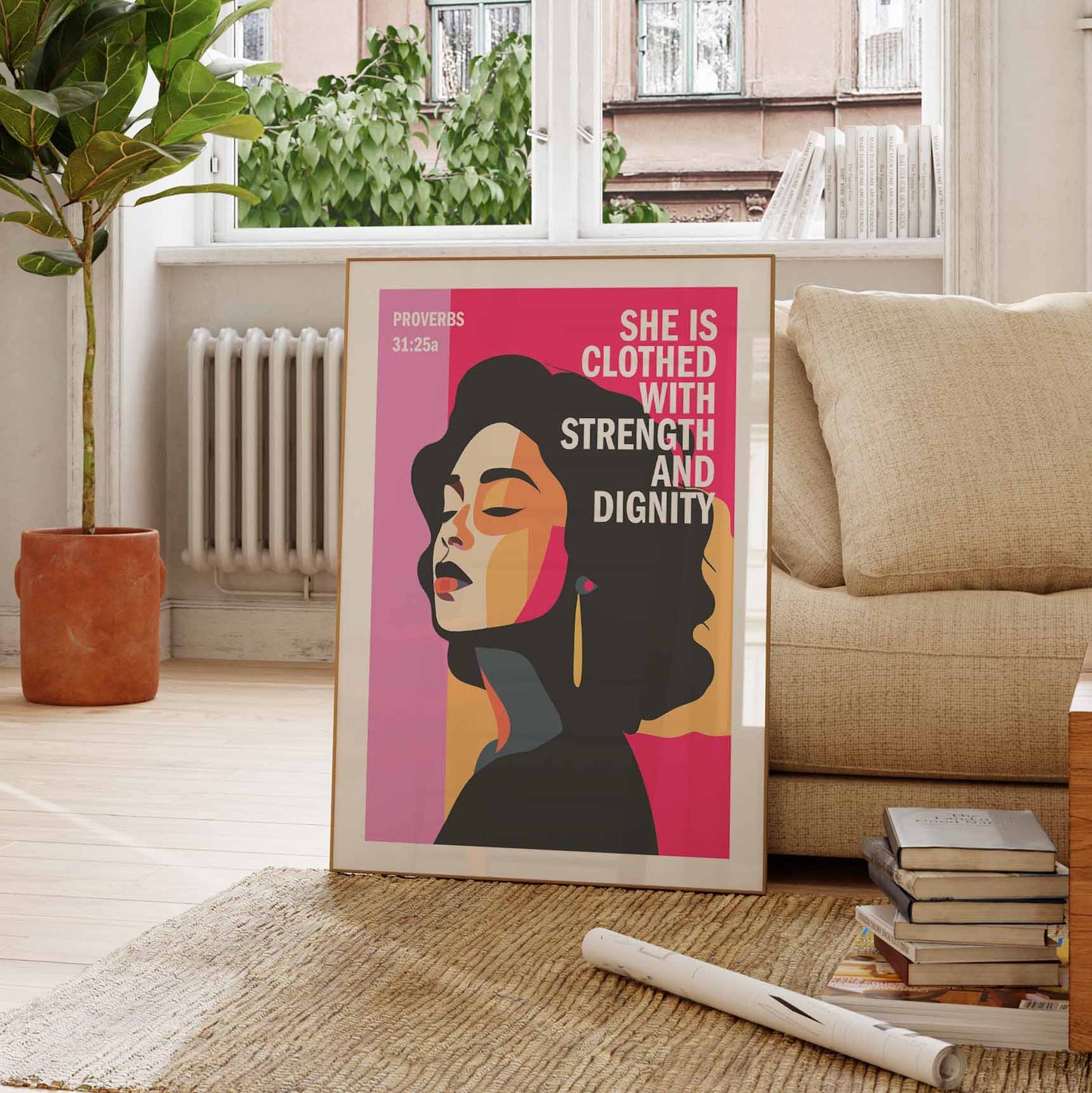 Proverbs 31 Christian poster. PINK EDITION. She is clothed with strength and dignity, Bible wall art, Christian Gift, Proverbs 31 Woman