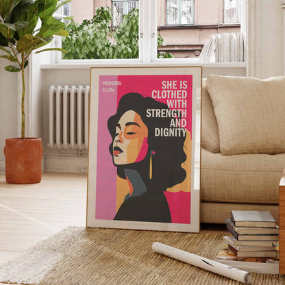 Proverbs 31 Christian poster. PINK EDITION. She is clothed with strength and dignity, Bible wall art, Christian Gift, Proverbs 31 Woman