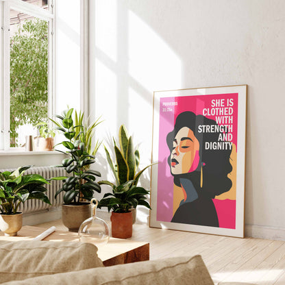 Proverbs 31 Christian poster. PINK EDITION. She is clothed with strength and dignity, Bible wall art, Christian Gift, Proverbs 31 Woman