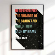 Wall art poster featuring colorful text on a black background with stars, displaying Psalm 147:4.