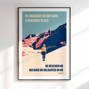 Poster featuring a person standing on a mountain with text from Psalm 18:19, modern Christian art design.