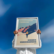Framed poster featuring a person walking in a landscape with the text from Psalm 18:19, bright colors, modern design.